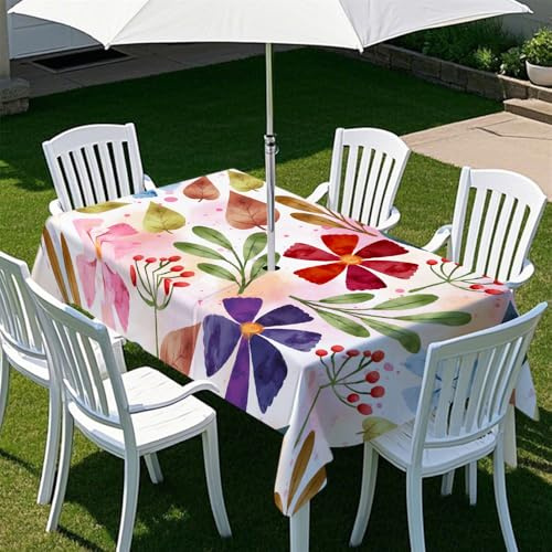 Fasbuy Mantel Mesa Rectangular con Agujero para Sombrilla y Cremallera, Manteles de Mesa Exterior Lavables Impermeable, para Jardín, Comedor (Flor roja,213x152cm)
