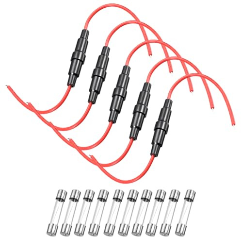 sourcing map 5 Pcs 5x20mm Inline Screw Type Fuse Holder 20 Gauge AWG Red Wire with 10 Pcs 10A Fast Blow Glass Fuses