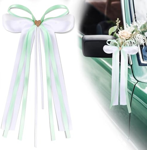 BOFUNX 20 Stücke Autoschleifen Hochzeit Weiß Grün mit Holz Herz Hochzeitsschleifen Hochzeitsdeko Autoschmuck Geschenkschleife