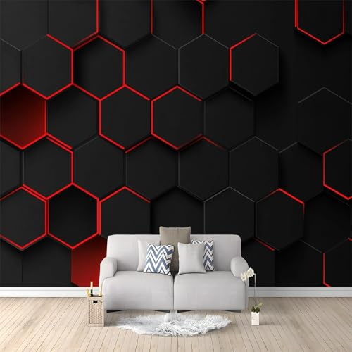 WHUOEUCO Photo Wallpaper Murals Geometric Honeycomb Black Red 200x140 cm 3D Panoramic Wallpaper, Modern Non-Woven Wall Mural, for Bedroom Living Room TV Backdrop Interior Decor