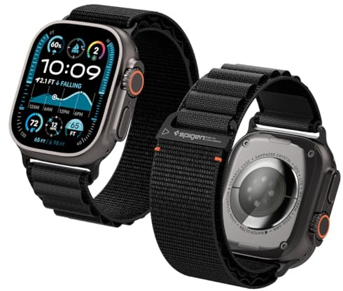Spigen Bas Tygklockarmband Designad för Apple Watch Ultra 3/2/1 49mm, Series 11/10 46mm, 9/8/7 45mm och SE3/SE2/SE/6/5/4 44mm Lätt tygrem - Svart
