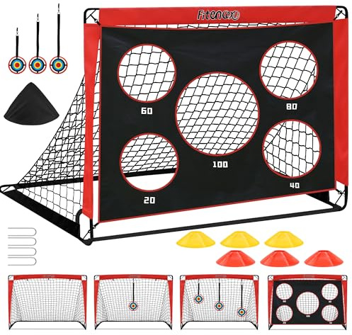 Fitencexu But de football pliable pour enfant - Pop-up 120 x 90 cm avec mur de but, 3 cibles de 15 cm et 6 cabochons - Léger et stable - Pour jardin, plage, parc, avec sac de transport et ancrages au