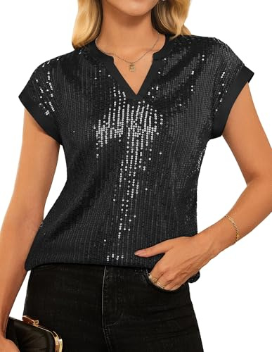 Damen Glitzer Oberteil Henley V-Ausschnitt Kurzarm mit Pailletten Vest Shirt XXL Schwarz