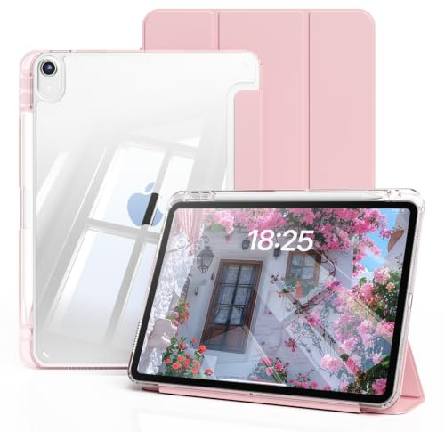 ZOYU Clear Case for iPad A16 11th Gen 11/10th Gen 10.9, Light Pink | Transparent Hard Back Cover with Pencil Holder, Shockproof Soft TPU Frame, Support Touch ID, Auto Wake/Sleep