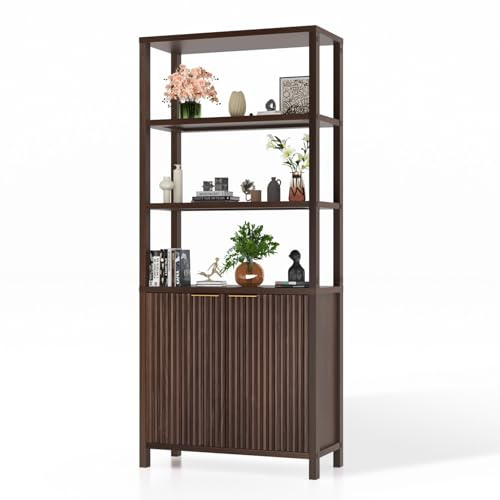 Bonnlo 6-Tier Bookshelf, Bookcase with Doors, Fluted Panel Bookcase with Adjustable Shelf, 78.5 x 35.5 x 180.5 cm, Display Cabinet for Home Office Living Room Study (Walnut)