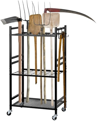 QWORK® Étagère de Rangement Robuste pour Outils de Jardin, Organiseur Multi-Niveaux avec Crochets pour Garage, Maison, Jardin.