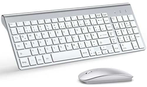 Tastatur Maus Set Ultra Slim, TopMate 2,4G Stille Compact USB 2400DPI Maus und Schissschalter Tastatur mit Abdeckung mit 2 AA & 2 AAA Batterien für PC/Laptop/Windows/Mac - Silber Weiss