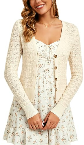 Bolero Mujer Cardigan Corto Hueco Grueso Chaqueta de Punto Manga Larga con Botones Rebecas Cuello V Antiguo Básico Clásico Beige L