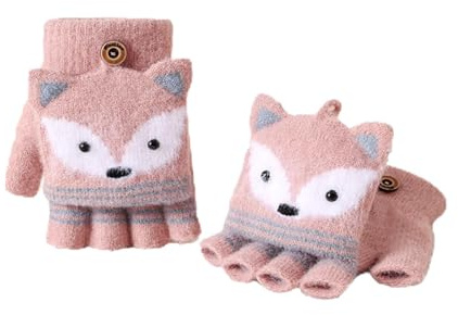 Guanti senza dita per bambini, guanti invernali Flip Top con bottone, guanti per bambini, morbido fodera in maglia ed elastico carino cartone animato per 7-10 anni ragazzi ragazze