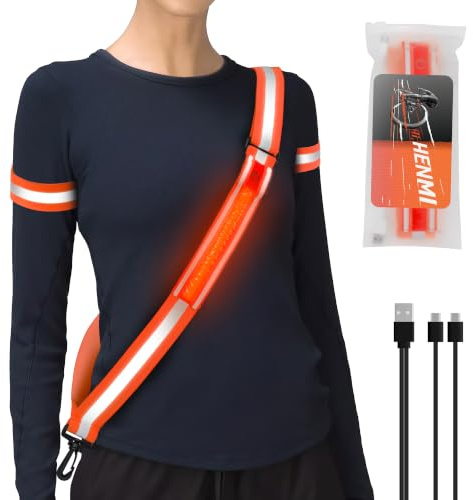 HENMI Lauflicht Joggen mit Reflektoren Schultergurt und Reflektorbänder | Wiederaufladbar, Multimodal für Radfahren, Wandern, Joggen Outdoor-Sportarten