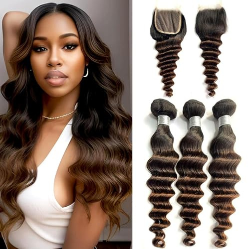 FUIBEJAE Paquetes de cabello humano T1b/2/4 con ondas sueltas profundas, 3 paquetes con cierre de encaje 4x4 con parte libre, cabello virgen brasileño con ondas sueltas profundas,12 14 16+12free