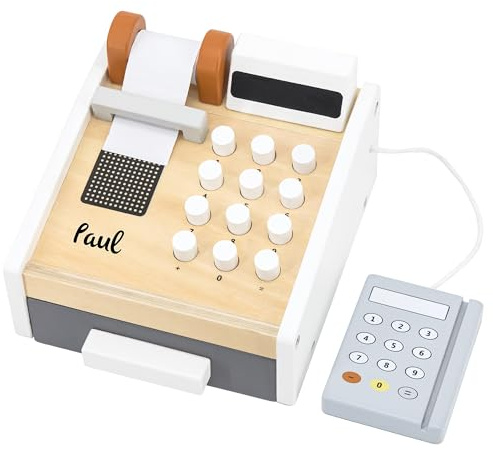 Spielkasse Kinder aus Holz personalisiert – Kinderkasse für Kaufladen Kinder, Kasse Kinder mit Zubehör, Kaufmannsladen Zubehör Holz, Geschenkidee Lernspiel
