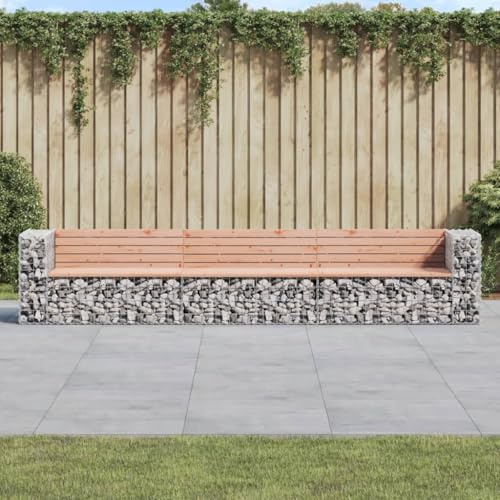 JHQHSM Garden Bench Gabion Design 347x71x65.5 cm Solid Wood Douglas Outdoor Seating with Galvanized Steel Basket Base for Patio and Backyard