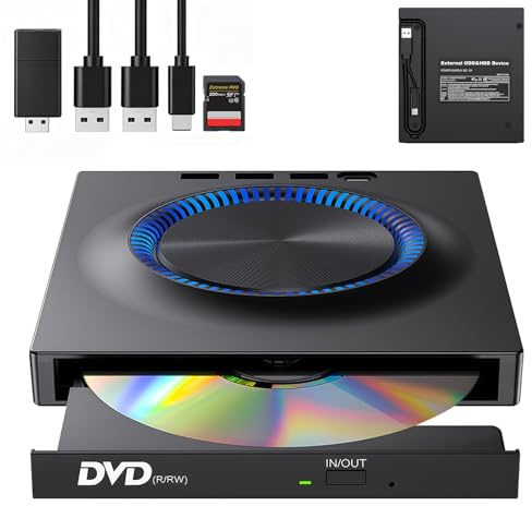 Suxulxn External Blu-ray Drive, 7-in-1 Bluray/DVD/CD Burner With RGB Ambient Light, Portable Ultra-Slim Bluray Drive with SD Port, Compatible with Windows/Mac/Linux Laptop Desktop
