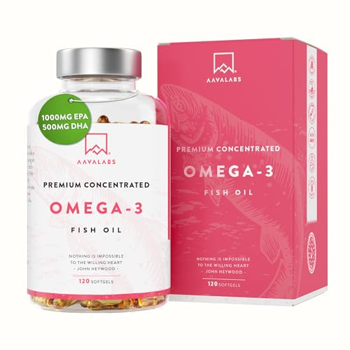 AAVALABS Omega 3 Fish Oil 2000mg per Daily dose (2 softgels) - 1000mg EPA + 500 mg DHA per dose - High Strength Omega 3 Fatty Acids Supplements - Molecularly Distilled - 120 Capsules - 60 Days Supply