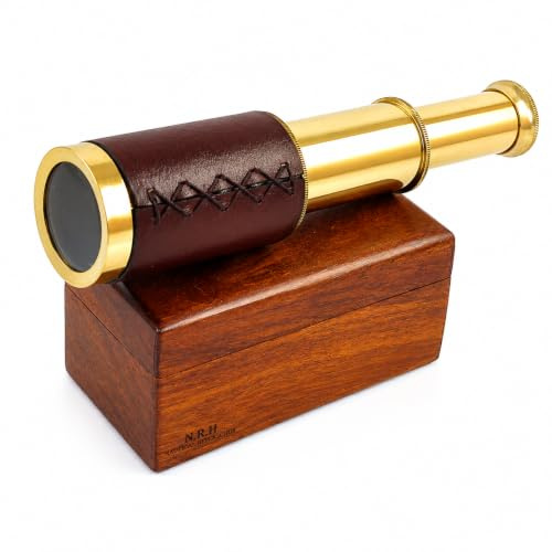 Antique Leather Bound Brass Telescope 6 with Wooden Box