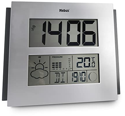 Mebus digitale Funk-Wetterstation extragroß für Wand oder Tisch, mit Wettervorhersage, Barometer, Mondphasen, Kalender und Weckfunktion/Alarm, gut lesbar/Farbe: Silber-Schwarz/Modell: 40330
