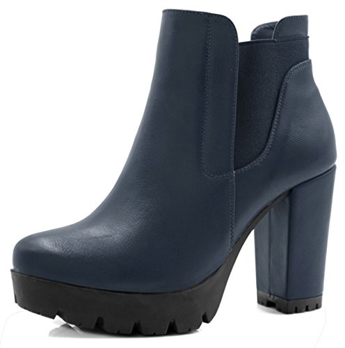 Allegra K Women Chunky Heel Platform Zipper Chelsea Boots Navy Blue 5.5 UK/Label Size 7.5 US
