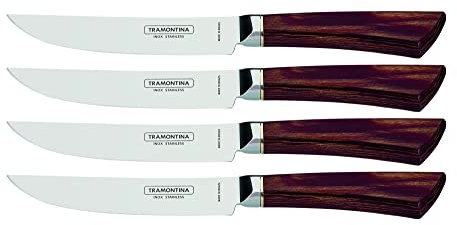 Tramontina PAMPAS Premium Steakmesser, 4-teiliges Set, rostfreier Edelstahl, Echtholzgriff FSC, spülmaschinenfest (Rot, 4-tlg.)