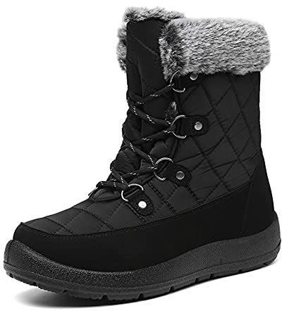 JSWEI Winter Boots for Women Boots Insulated Comfortable Memory Foam Fur Winter Snow Boots Women Winter Boots Waterproof Cold Weather Size Black UK 5
