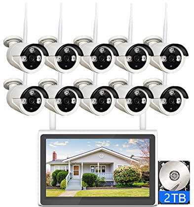 XNASU Système de caméra de sécurité WiFi sans fil 10 canaux avec moniteur NVR, Kit de surveillance commerciale 3MP avec détection de mouvement d'enregistrement audio, avec disque dur 2T
