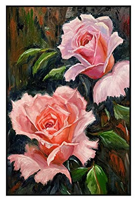 Acrylbilder Auf Leinwand Handgemalt, Vintage Rosa Rose Blume Grüne Blätter Abstrakte Kunst Moderne Kunstwerke Rahmenlose Handgemalte Ölgemälde Auf Leinwand Wandkunst Für Wohnzimmer Schlafzimme