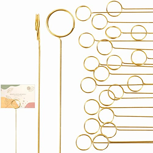 KALIONE 40 Stück Florale Tischkartenhalter Blumenplektren Blumen-Kartenhalter-Picks, Blumen-Picks, Bilderhalter, Foto-Memo-Halter, Metall-Blumen-Tischkartenhalter, goldener runder Foto-Stick-Clip