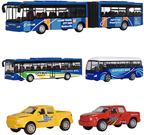 VBACALA Bus Spielzeug 5-teilig, Stadtbus & Flughafenbus Set aus Metall mit Rückziehfunktion, Spielzeugautos & Fahrzeuge Kinder Geschenk für Jungen & Mädchen ab 3 Jahre