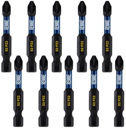 10 x Rennie Tools 50mm Long PZ2 Impact Screwdriver Driver Bits Set | Heavy Duty PoziDriv POZI No.2 Magnetic Screwdriver Bit Set. PZ2 Impact Driver Bits Pozidrive Screw Accessories. Oxide Coated