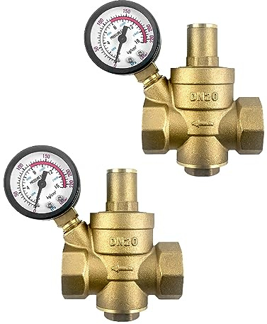 QWORK® 2 piezas DN20 Válvula de reducción de presión de agua de latón con manómetro de válvula reductor de presión
