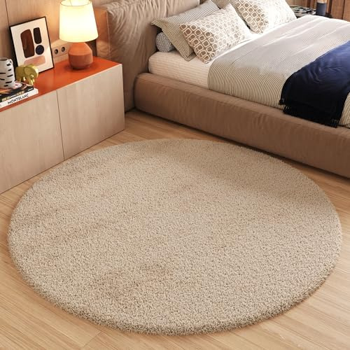 TAPISO Essence Teppich Rund Beige Hochflor Langflor Shaggy Einfarbig Weich Flauschig Schlafzimmer Wohnzimmer Kinderzimmer ÖKO-TEX 80 x 80 cm