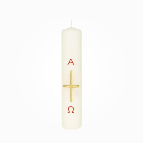 Jaspers Hausosterkerze, Ostertischkerze 200 x Ø 40 mm Kreuz, A+O in Rot/Gold (Wachsauflage)