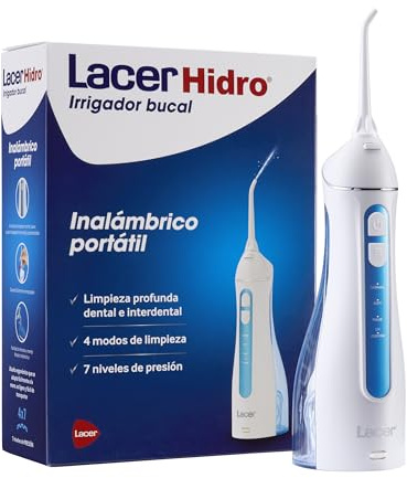 LACER HIDRO - Irrigador Bucal Portátil e Inalámbrico, con 2 Recambios, Limpieza Interdental Rápida y Eficaz, 4 Modos de Limpieza, 7 Niveles de Presión, Diseño Ergonómico y Compacto