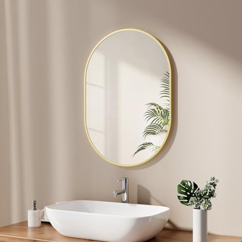 EMKE Badspiegel Oval 50 x 70 cm Spiegel mit Goldener Rahmen Wandspiegel Oval Horizontal/Vertikal Badezimmerspiegel Ovaler Spiegel Gold Dekorativer HD Wandspiegel für Badezimmer, Flur