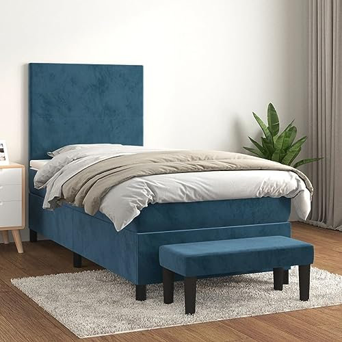 Homgoday Boxspringbett mit Matratze Polsterbett Doppelbett Einzelbett Bett mit Lattenrost & Bettbank Gästebett Bettgestell mit Kopfteil Schlichtes Design Dunkelblau 80x200 cm Samt