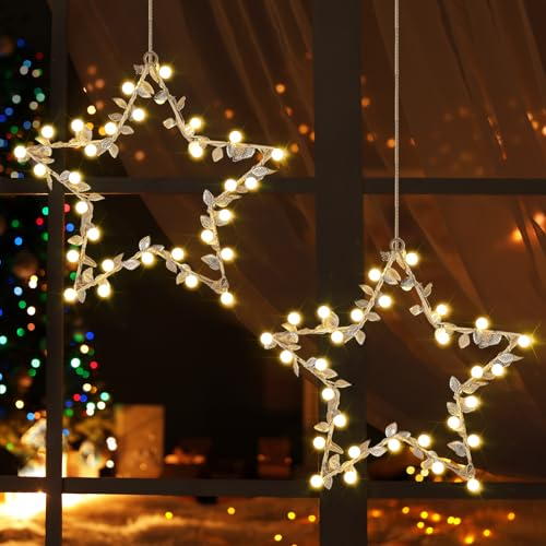 Therlan LED Fensterdeko Weihnachten Beleuchtet, 2 Stück Batteriebetrieben Weihnachtsstern Weihnachtsdeko Lichter mit Timer, 8 Lichtmodi Speicherfunktion Stern Weihnachtsbeleuchtung Fenster Warmweißen