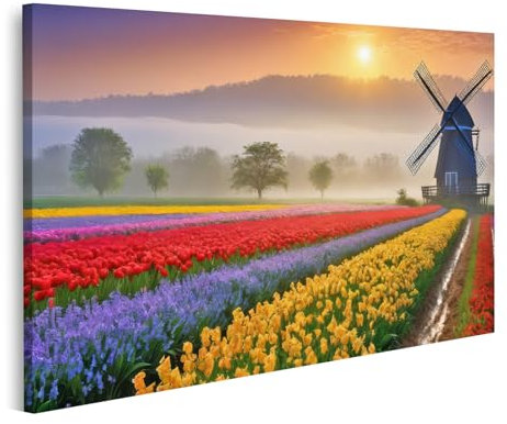 islandburner Prime Bild auf Leinwand Sonnenaufgang über bunten Tulpenfeldern Windmühle leuchtende Reihen verschiedenfarbiger Blumen Bilder Wandbilder Poster