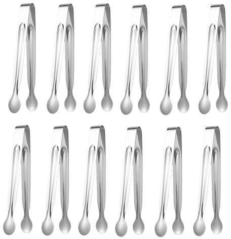 12pcs Pinzas Hielo, Pinzas para Azúcar, Pinzas para Hielo de Acero Inoxidable, Alicates de Hielo, Mini Pinzas de Servir para Cubitos de Hielo, Azúcar, Cocina Bar Cafetería Buffet (Plata, 15cm)