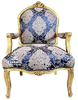 Chaise à accoudoirs style français antique en bleu marine fleur royale baroque rococo finition or tissu damassé de luxe ou décoration d'intérieur ou pour salon d'hôtel