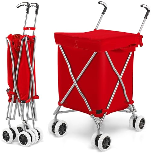 COSTWAY 90L Folding Shopping Trolley, 8-Wheel Large Utility Push Cart with Removable Waterproof Bag and Cover, Metal Lightweight Rolling Grocery Trolley for Mobility (Red)