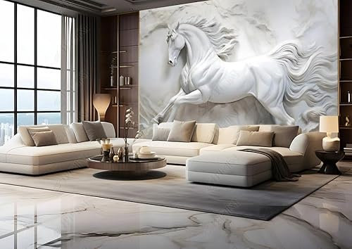 ZYHFDC Papier Peint Panoramique Relief en plâtre du cheval blanc Tableaux Muraux Tapisserie Photo Décoration Murale Salon Chambre 150CM(L)*105CM(H)