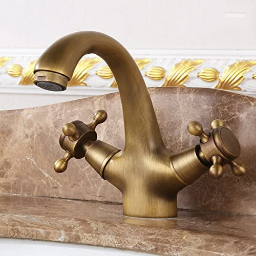 Wasserhahn Bad Waschtischmischer Retro antiker Waschtischmischer Warm und Kaltwasserhahn Mischbatterie mit zwei Kreuzgriffen Spültischhahn aus Messing Badezimmer Mischbatterie Vintage