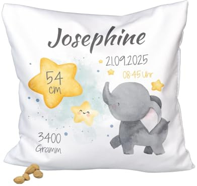 ORWO Kinder-Kirschkernkissen personalisiert mit Namen und Geburtsdaten | 20 x 20 cm | Kinderwärmekissen mit Motiv | weiches Baumwollgewebe | hautfreundlich (Elefant)