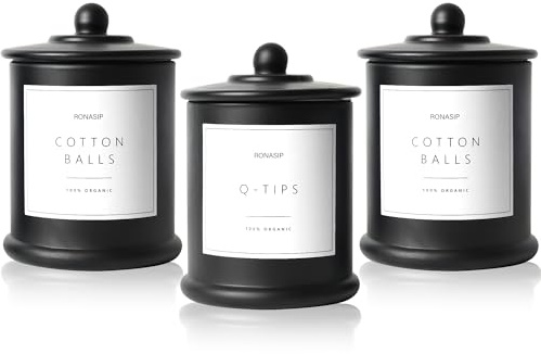 Ronasip 3 Pack Qtip Holder Dispenser, 16oz Bathroom Organizer and Storage Canisters, Glass Apothecary Jars with Lid - Home Decor, Room Decor Aesthetic (Black)