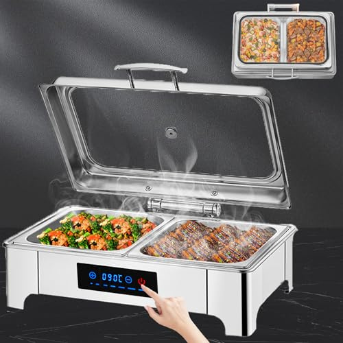 Aocay Chafing Dish Elektrisch, Einstellbare Temperatur 35-90℃(B,1/2 Pan) | 9L Edelstahl Speisewärmer Buffetwärmer Elektrisch mit Sichtbarem Glasdeckel, Rechteckiger Warmhaltebehälter Essen Elektrisch