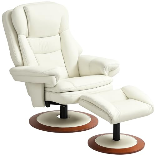 HOMCOM Fauteuil relax avec pouf Fauteuil TV avec fonction chaise longue, fauteuil TV pivotant avec socle en bois, chaise longue pouvant supporter jusqu'à 150 kg pour le salon, similicuir, blanc crème