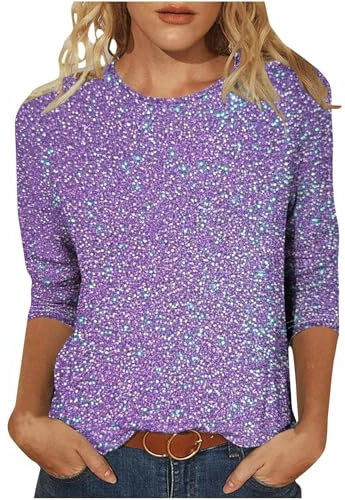 Tshirt Damen Leicht Und Luftig, Sale Angebote T-Shirt Mit Rundhalsausschnitt Und 3/4 Ärmeln, Günstig Pailletten Print Bluse Weich Bequem, Shirt Top Casual Fashion, Oberteile Elegant Schick