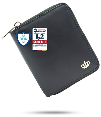 Baur Damen Geldbörse | Echtleder-Geldbeutel mit RFID Schutz | Portemonnaie mit Kartenfächer und Münzfach | Weiches Vollleder | Geldtasche mit Rundum-Reißverschluss (Schwarz, Gold Reißverschluss)