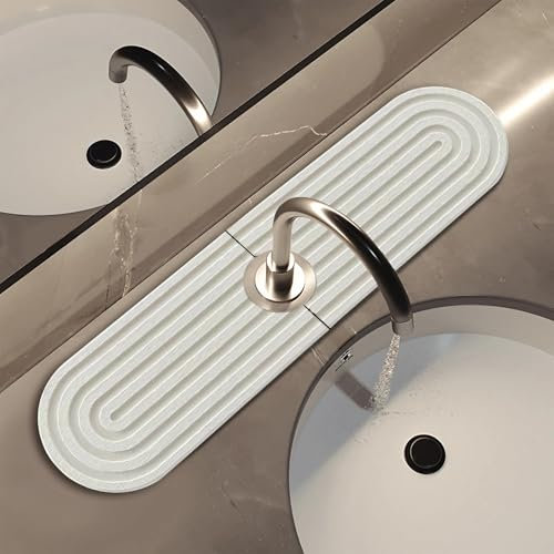 Kitchen Sink Splash Guard 2 Pcs White Stone Drying Mat Faucet Mat for Kitchen Sink Super Absorbent Prevents Moisture Buildup Sink Water Splash Guard for Bathroom Counter (White, 45×10cm)