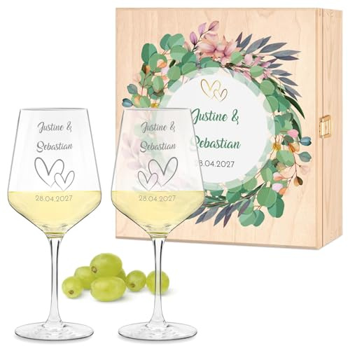Maverton Calici Vino x2 Personalizzati, Bicchieri Vino Rosso o Vino Bianco | 490 ml, Incisi per Lei e Lui, Scatola Legno Personalizzata, Regalo per Sposi e Coppia, Regali Personalizzati